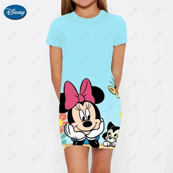 Тонкое платье с рисунком уличной моды Disney Minnie Girls с 3D-печатью, платье-пуловер для девочек с коротким рукавом, лето 2023