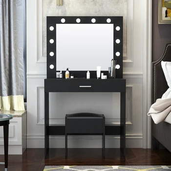Туалетный Столик для Макияжа в спальне Современного дизайна с Зеркалами и Табуреткой с 12 светодиодными Лампочками, Прочный и простой В Уходе, Черный