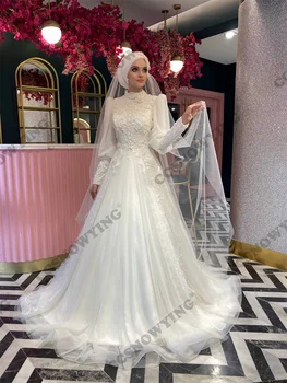 Тюлевые многоуровневые аппликации, мусульманские свадебные платья с длинным рукавом для невесты, исламское платье невесты, хиджаб с высоким воротом, арабский халат Fe Mariée