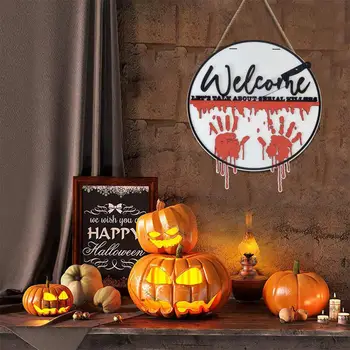 Украшение на Хэллоуин Приветственный знак на Хэллоуин, жуткое круглое украшение входной двери, уникальные принадлежности для вечеринок для подвешивания деревянной вывески