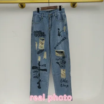 Уличная одежда Джинсы с дырками в стиле хип-хоп с граффити, женские осенние 2021 Новые Свободные Прямые джинсовые брюки с высокой талией, Женский Tide