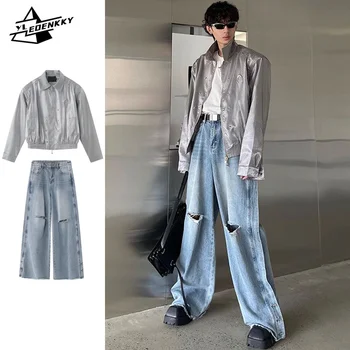 Уличный хип-хоп комплект для мужчин, Корейская винтажная металлическая повседневная куртка + Прямые Свободные расклешенные джинсы с отверстиями Y2K, уличный мешковатый костюм-двойка