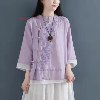 улучшенная китайская блузка ципао 2023, женская винтажная блузка с национальной цветочной вышивкой, традиционные китайские ретро-топы, блузка дзен