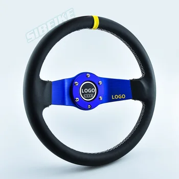 Универсальное 13-дюймовое кожаное рулевое колесо JDM с глубоким желобом, 2-спицевое гоночное спортивное рулевое колесо синего цвета