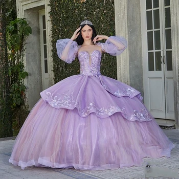 Фиолетовое бальное платье со шлейфом, пышные платья 15-летней давности, тюлевые аппликации принцессы, платье для вечеринки в честь дня рождения в стиле милой девушки