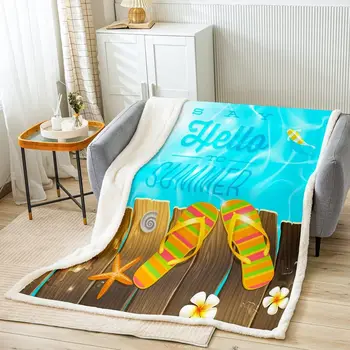 Фланелевое одеяло Hello Summer, Флип-флоп с цветами и принтом в виде морских звезд, пушистое одеяло для подарка детям, пляж Blue Sea