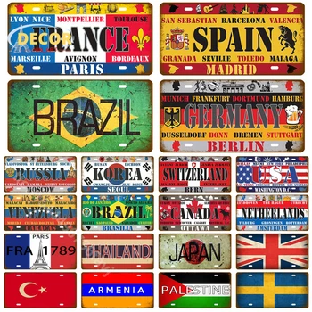 Франция Испания Бразилия Металлическая жестяная вывеска Плакат для винтажной доски Ретро-вывески Флаг страны Железная пластина Домашний Ресторан Бар Декор стен