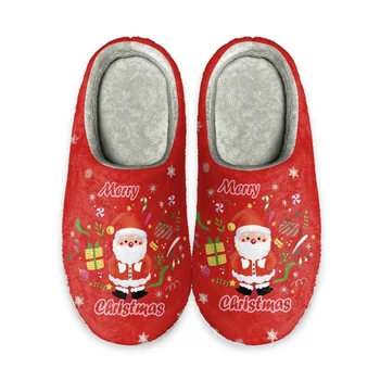 Хлопковая женская обувь с рисунком подарка, Мультяшный Санта-Клаус, домашние теплые, изготовленные на заказ, уютные пушистые тапочки, противоскользящие фланелевые тапочки, Рождество