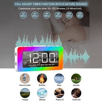 Цифровой будильник, настольные светодиодные часы с большим дисплеем, питание от USB, 8 светодиодных RGB-ночников, электронные часы для спальни
