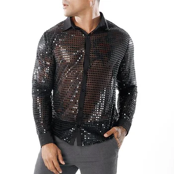Черная прозрачная рубашка Мужская 2023 Брендовая прозрачная рубашка с длинным рукавом Мужские рубашки для дискотек 70-х, ночной клуб, сценический костюм для выпускного вечера XXL