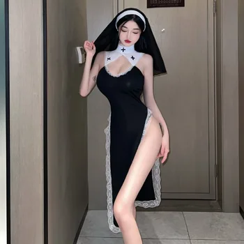 Черное сексуальное платье для выступлений, женский костюм для вечеринки на Хэллоуин, сексуальные монахини, оригинальный дизайн, униформа монахинь для косплея