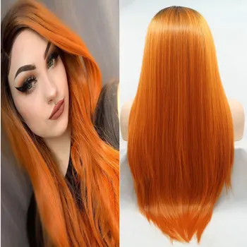 Черные корни, Омбре, светло-оранжевые Синтетические волосы, парики на кружеве, Бесклеевое Высококачественное Термостойкое волокно, предварительно выщипанное для женщин