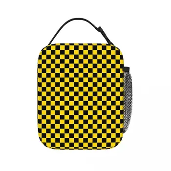Черный и желтый шаблон проверки изолированный обед сумки окружающая среда сумки для пикника тепловой охладитель обед коробка обед сумка для женщин, детей