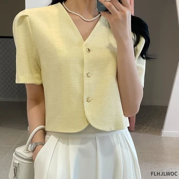 Шикарные Корейские короткие Топы, блузки, Новый дизайн, Женщины, Япония, Офисные Женские Белые рубашки на пуговицах с коротким рукавом