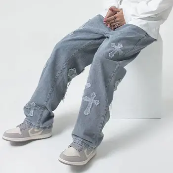 Широкие брюки в стиле хип-хоп, Мужские Джинсы, Европейские и Американские Брюки, Уличная Одежда, Мужские Джинсы Свободного кроя, Джинсы Бойфренда Большого размера