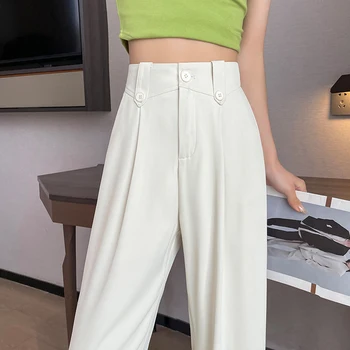 Широкие брюки на двух пуговицах с высокой талией, женские летние новые корейские драпировки, свободные модные темпераментные прямые повседневные брюки