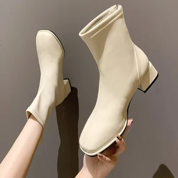 Эластичные носки, ботинки, Модные ботильоны, женские короткие ботинки на высоком толстом каблуке с квадратным носком, женская обувь в стиле ретро 2022 года, Новая женская обувь