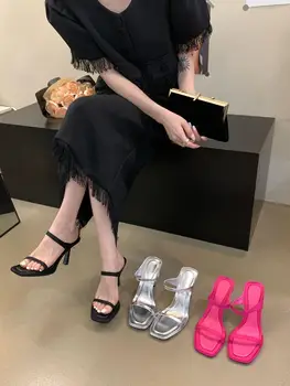 Элегантная Модная повседневная обувь на высоком каблуке с квадратным носком, Летние женские босоножки с одним ремешком, уличные вечерние туфли-лодочки, Новинка 2023 года, туфли на шпильке