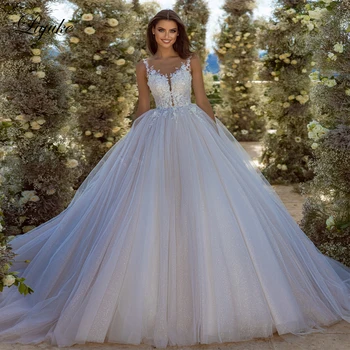 Элегантное бальное платье из тонкого тюля с круглым вырезом, Свадебные платья с аппликациями, кружевные юбки для невесты в пол без рукавов