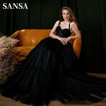 Элегантное платье Sansa с Волнистой точкой, Черное платье трапециевидной формы на тонких бретельках, Вечернее платье из тюля Трапециевидной формы, Милое Вечернее платье