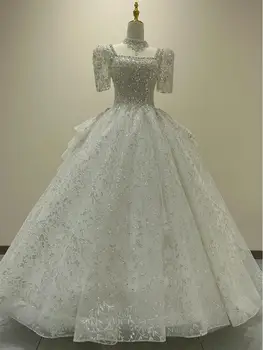Элегантное свадебное платье цвета Слоновой кости с квадратным воротником на шнуровке 2023 г. Великолепное свадебное платье с блестящими аппликациями в виде часовни и шлейфа в винтажном стиле