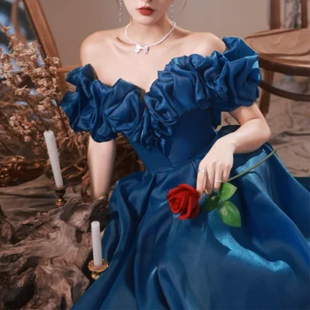 Элегантное синее вечернее платье из атласа в складку с открытыми плечами, вечернее платье А-силуэта, выпускное платье для свадебной вечеринки, новинка 2023 года