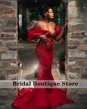 Элегантные Вечерние платья Русалки в красном цвете для выпускного вечера, вечерние платья в Африканском свадебном стиле, Роскошное Вечернее платье с открытыми плечами, расшитое бисером