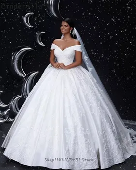 Элегантные кружевные свадебные платья с открытыми плечами, V-образный вырез, аппликация из бисера, атласное свадебное бальное платье на шнуровке сзади