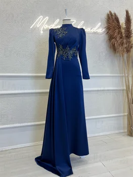 Элегантные мусульманские вечерние платья с длинным рукавом и бисером, высокая шея, синее официальное вечернее платье, Женские Арабские Исламские халаты De Soirée