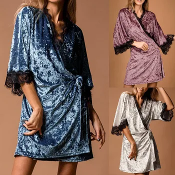 Элегантный Женский бархатный халат с кружевом, осенне-зимний халат для дома, женский халат свободного кроя на шнуровке пижама