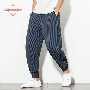 Японский стиль, Летние шаровары в тонкую полоску, Мужские хлопковые модные брюки с дисковой пряжкой, Дышащие льняные брюки, Мужские Большие размеры 5XL