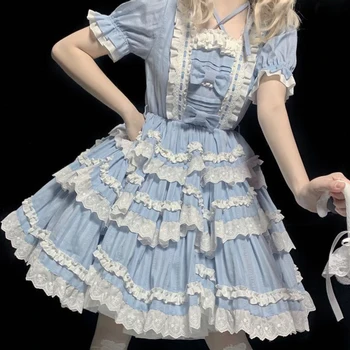 Японское Милое платье Лолиты Винтажное Кружевное платье с бантом и перекрестными бретельками, Сказочное Викторианское платье с высокой талией Kawaii Girl Lolita Op Loli Cosp