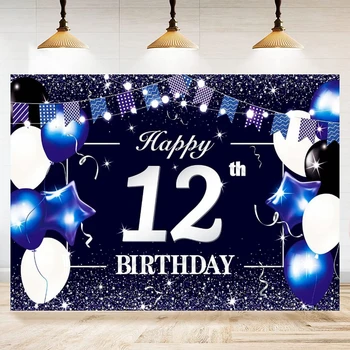 Фон для фотосъемки Вывеска Баннер С 12-м Днем Рождения Фон Плакат Декор Воздушный шар Для мальчиков Дети Синий Фиолетовый Синий Белый