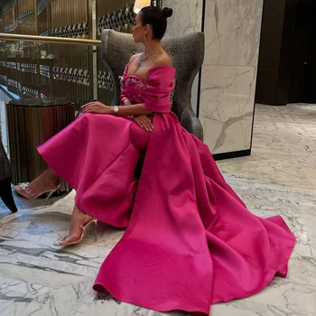 Элегантные платья выпускного вечера из атласа цвета русалки цвета фуксии 2024 с накидкой-шалью, арабские женские длинные платья для гостей на свадьбе, официальное вечернее платье